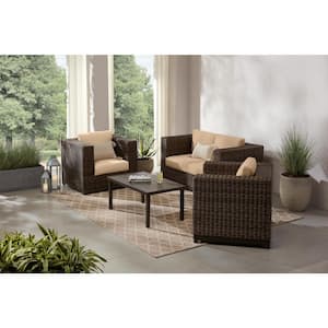 Fernlake Brown Wicker Outdoor Patio Stationary Lounge Chair with Sunbrella Beige Tan Cushions (2-Pack)