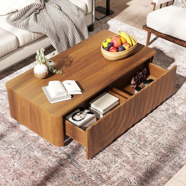 Hull 47.2 in. Brown Rectangle Wood Modern Classic Square Spiral Grain Coffee Table with 2 Drawers