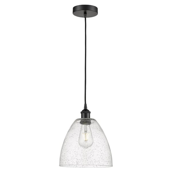 Edison Dome 60-Watt 1-Light Matte Black Standard Mini Pendant Light with Seeded Glass Shade, No Bulbs Included