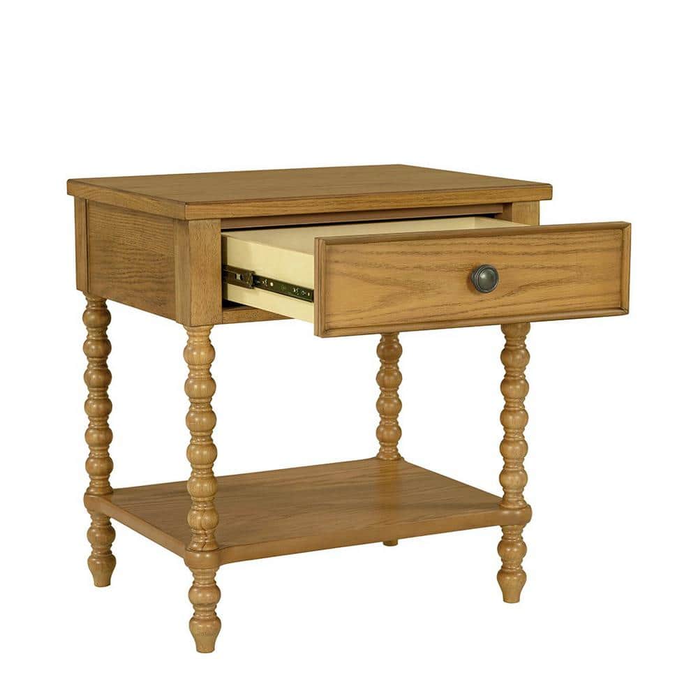 Natural Oak 1-Drawer Solid Wood Nightstand with Turned Legs