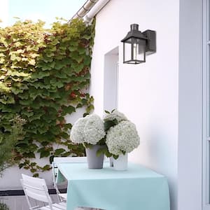 1-Light Black Dusk to Dawn Motion Sensor Outdoor Wall Lantern Sconce with Clear Glass and Built-In GFCI and USB Outlets