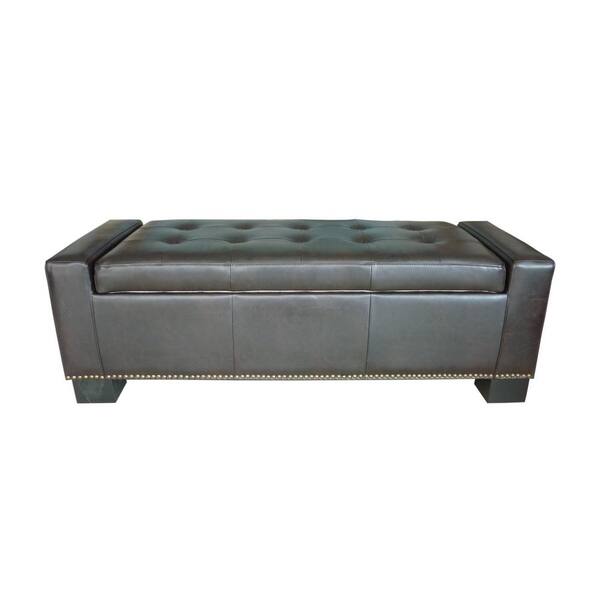 Noble House Explorer Tufted Brown Leather Storage Bench with Studs