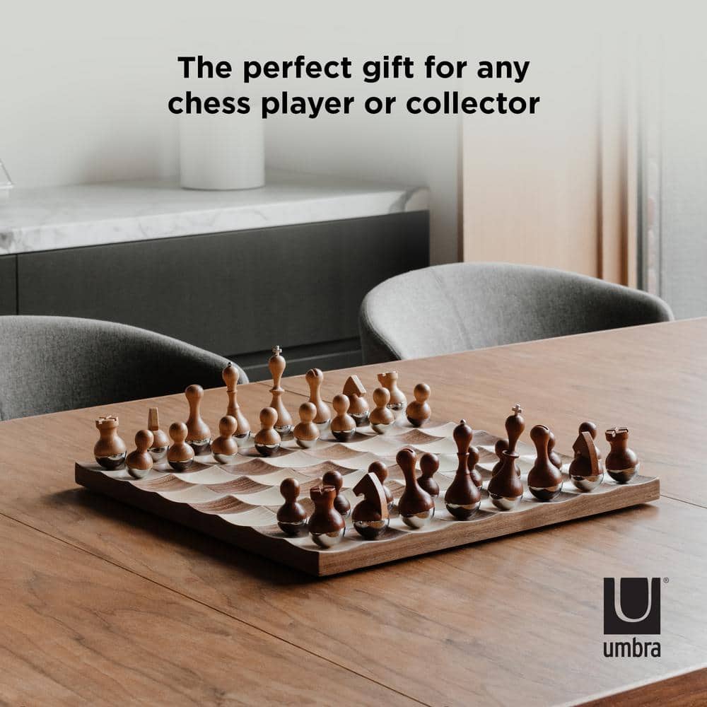 Modern Walnut and Maple Wobble Chess Set with Chrome Accents