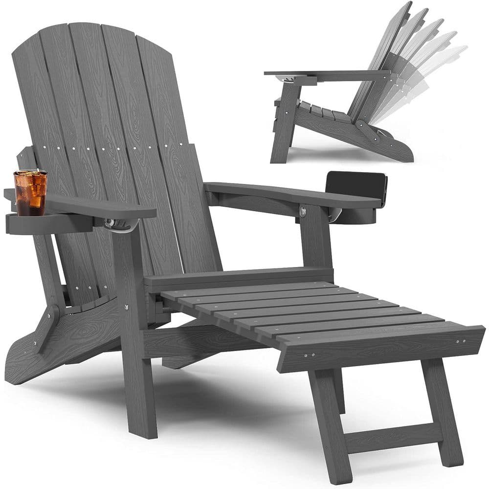 Mximu Grey HIPS Outdoor Plastic Folding Adirondack Chair with Retractable Ottoman, Adjustable Backrest and Cup Holders HCOT002