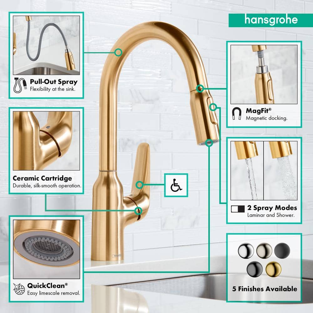Elegant 14'' Brushed Gold Optic Pull-Down Kitchen Faucet with Ceramic Disc