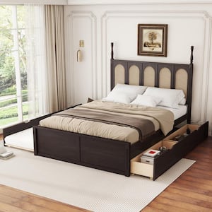Espresso(Brown) Wood Frame Queen Size Rattan Headboard Platform Bed with 2 Drawers and Trundle