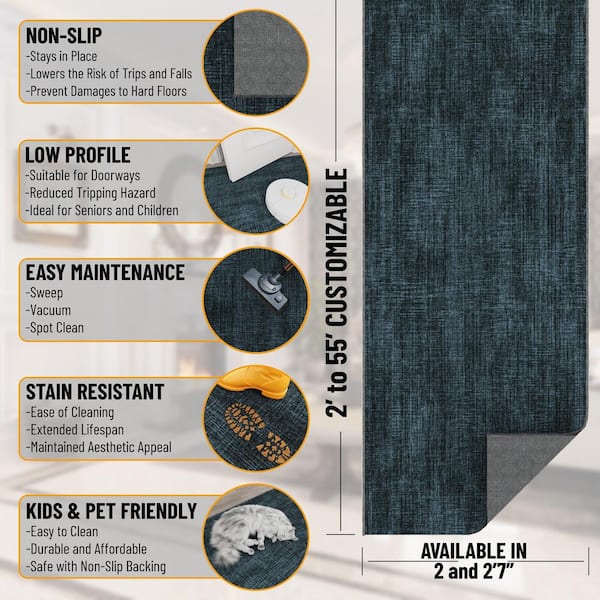 Ascend Non-Slip Rubberback Solid 3 ft. x53 ft. Indoor Custom Cut Extra Long Runner Rug 2 ft. 7 in. x 53 ft., Navy