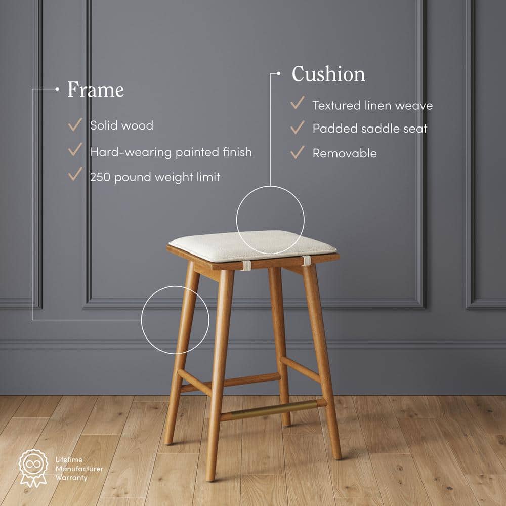Brown Wood and Metal Backless Saddle Barstool with Padded Seat