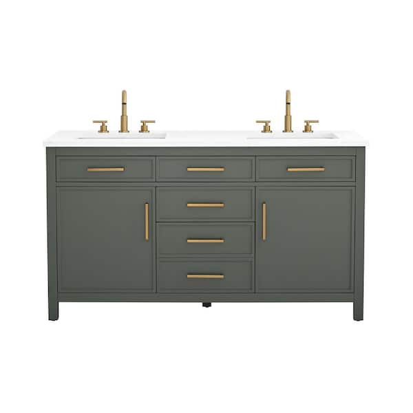 Cooper 60 in. W Bath Vanity in Vintage Green with Engineered Stone Top in Ariston White with White Sinks
