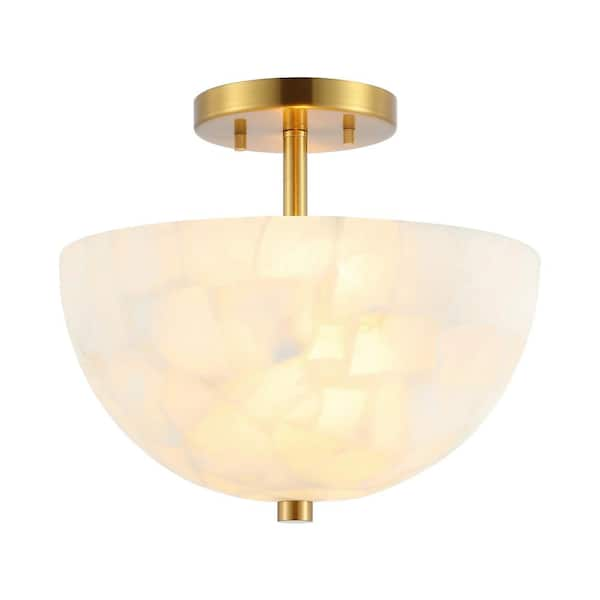 Celine 11.88 in. 2-Light Modern Contemporary Alabaster/Iron Inverted Dome LED Semi Flush Mount White Marbling/Brass Gold