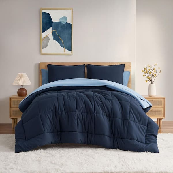 Solid Reversible Blue 7-Piece Soft Microfiber Comforter Set With Sheet Set - Bed in a Bag - Queen