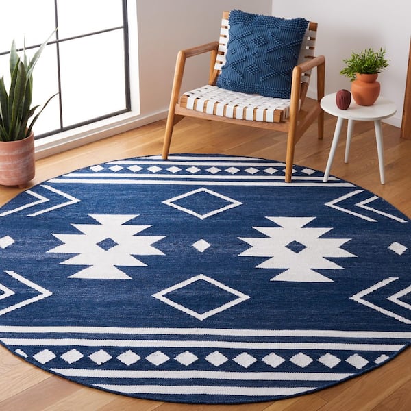 Kilim 7 ft. x 7 ft. Round Navy/Ivory Aztec Striped Area Rug