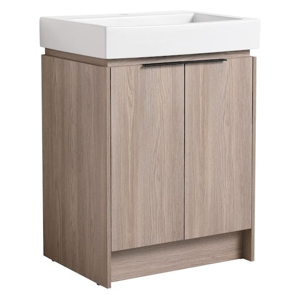 MYCASS BIC 24 in. W x 18 in. D x 33 in. H Freestanding Bath Vanity in Oak with Concealed handle and White Ceramic Basin Top