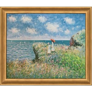 Cliff Walk At Pourville by Claude Monet Muted Gold Glow Framed Country Oil Painting Art Print 24 in. x 28 in.