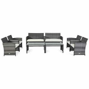 8-Pieces Patio Outdoor Rattan Furniture Set Chair Loveseat Table with White Cushion