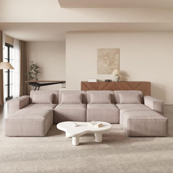 Magic Home 149 in. Square Arm Cloud Fleece Fabric Memory Foam U-shaped 4-Seater Modular Sectional Sofa with 2 Ottomans in. Brown