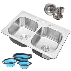 Topmount Drop-In 18G Stainless Steel 33-1/8 in. 3 Hole 50/50 Double Bowl Kitchen Sink w/ Collapsible Silicone Colanders