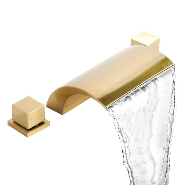 Double-Handle Tub Deck Mount Roman Tub Faucet Waterfall Bathtub Filler in Gold