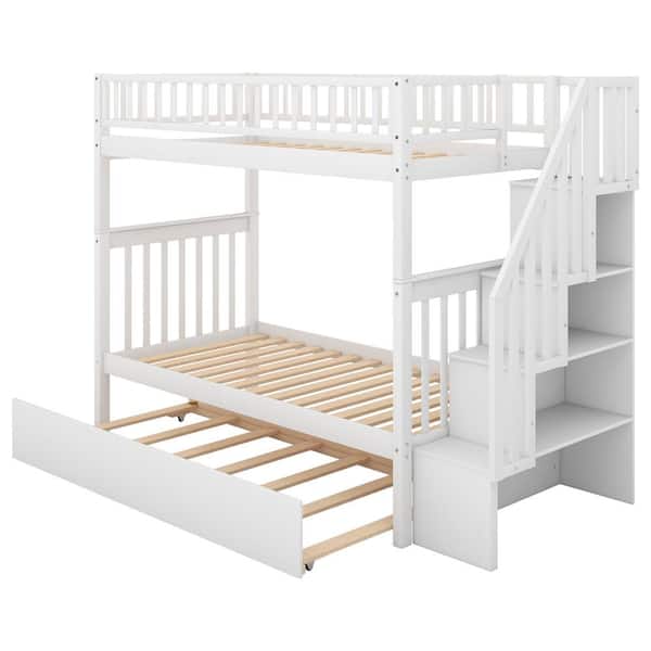 ANBAZAR White Trundle Twin Over Twin Bunk Bed Solid Wood Bunk Beds with Safety Rails and Storage Shelf