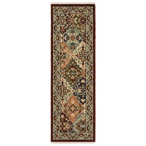 Lillian Red/Multi-Colored 2 ft. x 6 ft. Oriental Trefoil Wool/Nylon Blend Fringed-Edge Indoor Runner Area Rug