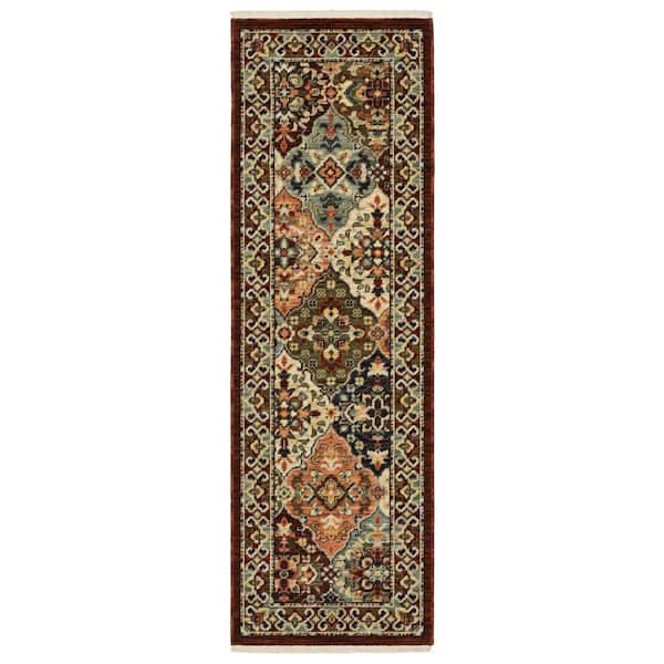 Lillian Red/Multi-Colored 2 ft. x 6 ft. Oriental Trefoil Wool/Nylon Blend Fringed-Edge Indoor Runner Area Rug
