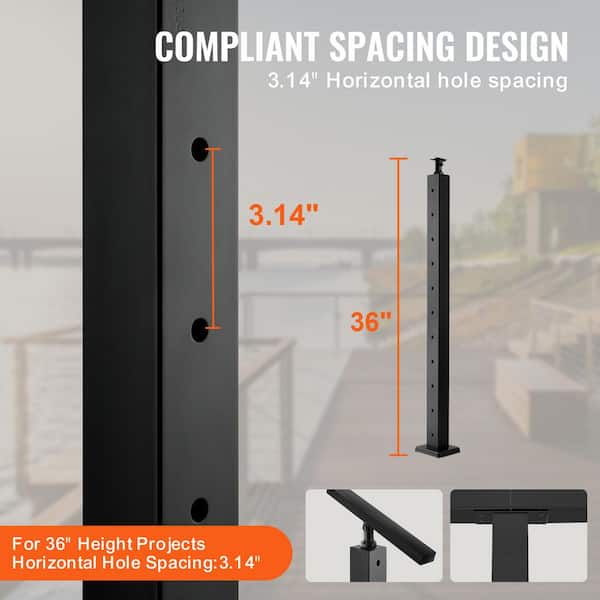 VEVOR Cable Railing Post 36 in. x 2 in. x 2 in. Steel Horizontal Hole Deck Railing Post with Horizontal and Curved Bracket