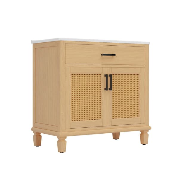 36 in. Freestanding Natural Bath Vanity with White Ceramic Top, Soft Close Doors and Drawers, Solid Wood Legs