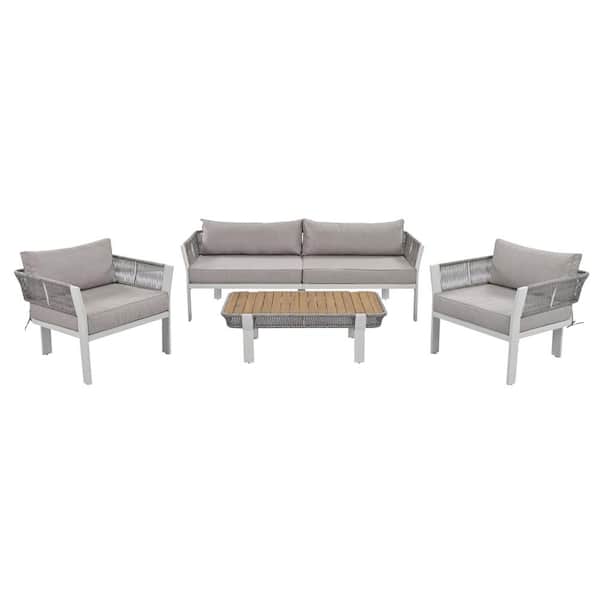 Unbranded 4-Pieces Metal Outdoor Patio Conversation Set with Brown Cushions Coffee Table for Garden Poolside and Backyard