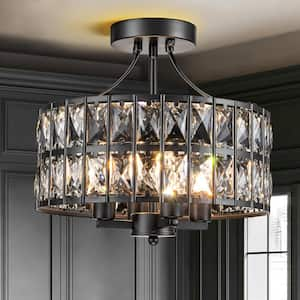 Sroda 12.5 in. 4-Light Black Mid-Century Modern Crystal Drum Semi-Flush Mount Round Ceiling Light with Crystal Shade