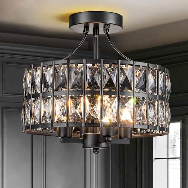 RRTYO Sroda 12.5 in. 4-Light Black Mid-Century Modern Crystal Drum Semi-Flush Mount Round Ceiling Light with Crystal Shade