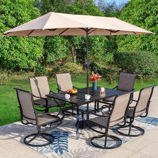 PHI VILLA Black 8-Piece Metal Patio Outdoor Dining Set with Slat Rectangle Table, Textilene Swivel Chairs and Beige Umbrella
