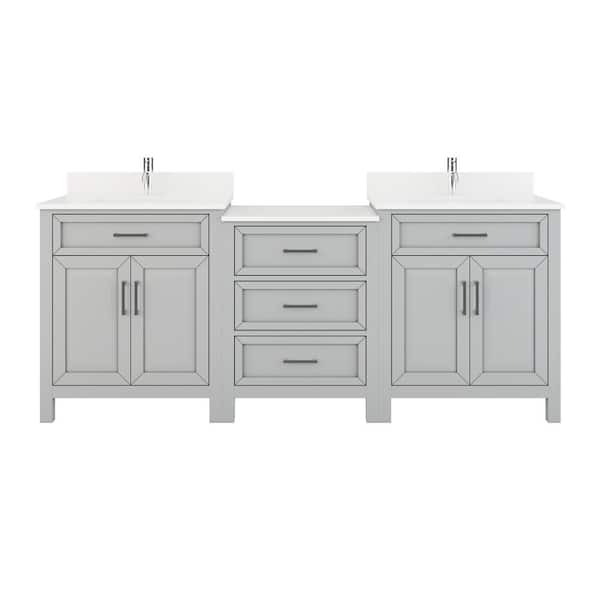 Terrence 84 in. W x 22 in. D Bath Vanity in Gray Diamond Quartz Top with White Sink Power Bar and Drawer Organizer
