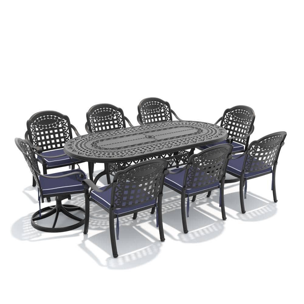 9-Piece Cast aluminum Patio Outdoor Dining Set with 2 Swivel Chairs, 6 Chairs, Oval Table and Blue Cushions price history on PriceWatchPro