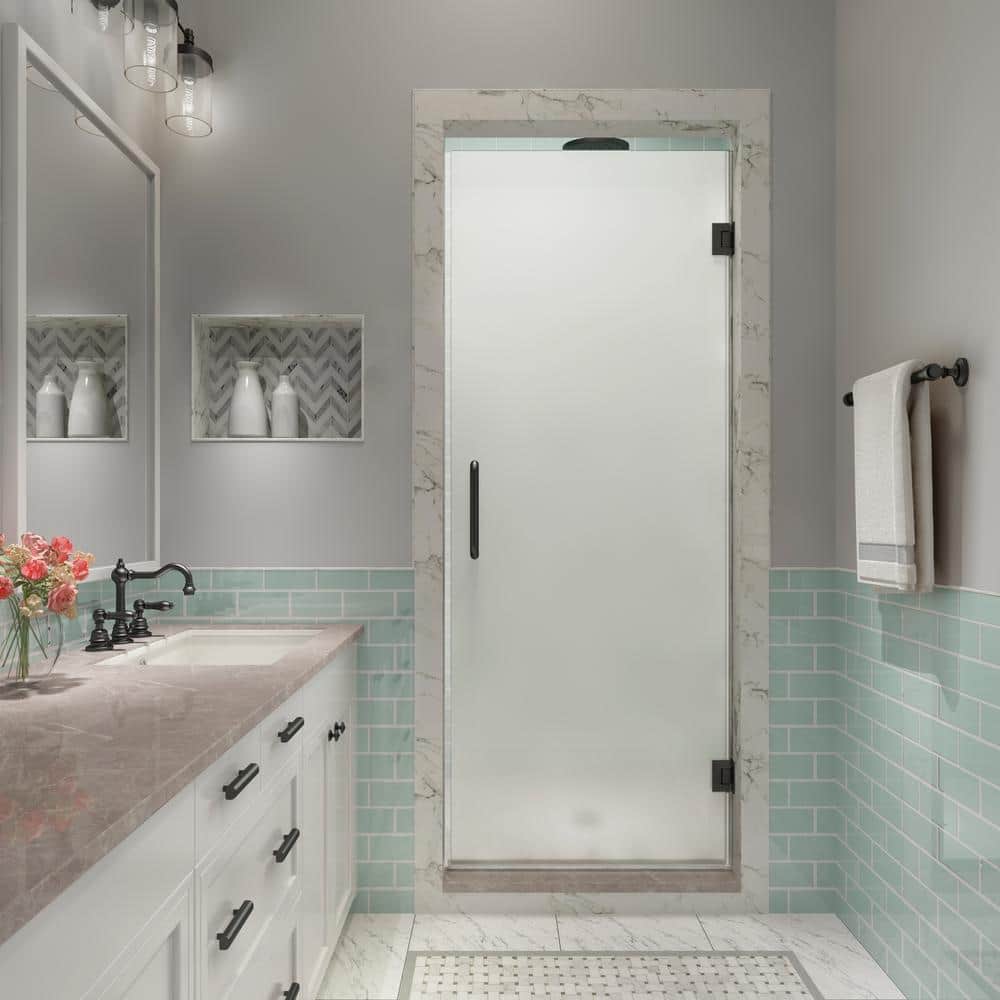 Matte Black Frameless Hinged Shower Door with Frosted Glass, 80" x 33"