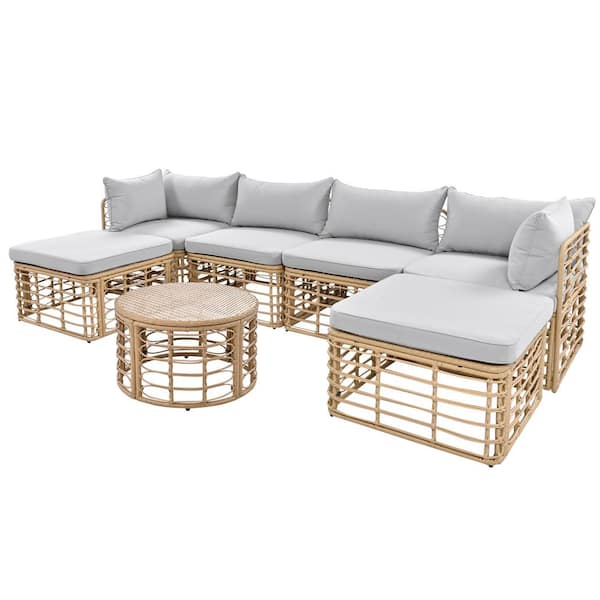 Zeus & Ruta 7-Piece Yellow Wicker Patio Outdoor Sectional Sofa Set with Gray Cushions and 1-Round Table