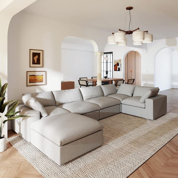 U-shaped 118 in. Square Arm Down Filled Linen 6-Piece Cloud Modular Sectional Sofa Couch in Gray with Removable Covers