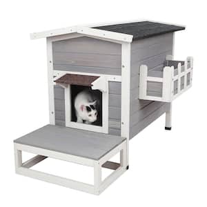 Grey Solid Wood Cat House Larger Design for 3 Adult Outdoor Cats Weatherproof