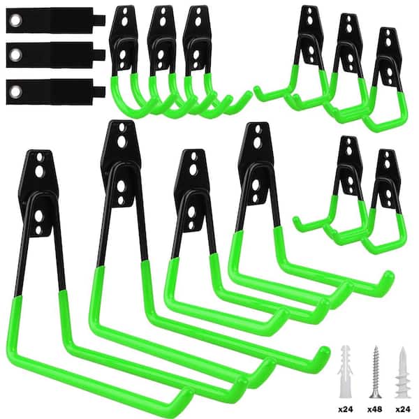 15-Piece Garage Wall Hooks Set with Extension Straps, Heavy Duty Wall Mount Tool Organizer, Green