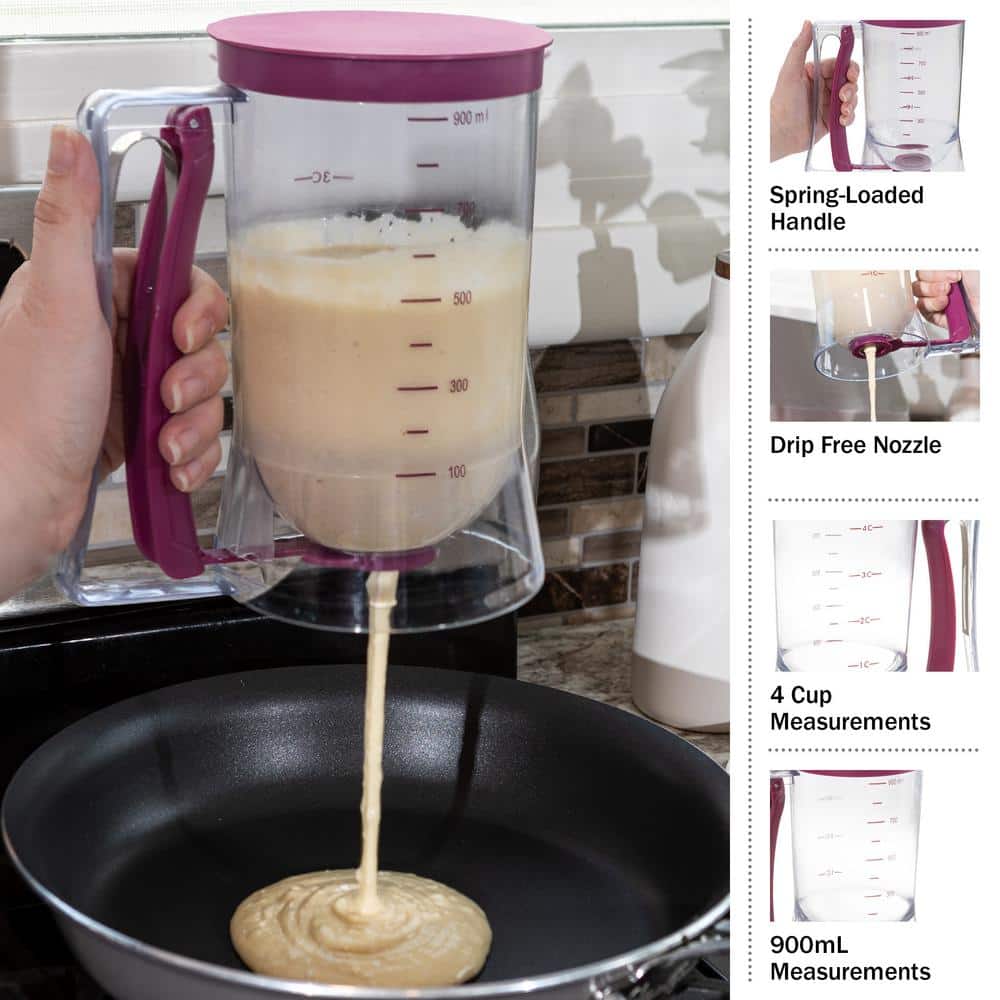 Purple 4-Cup Plastic Pancake Batter Dispenser with Squeeze Handle