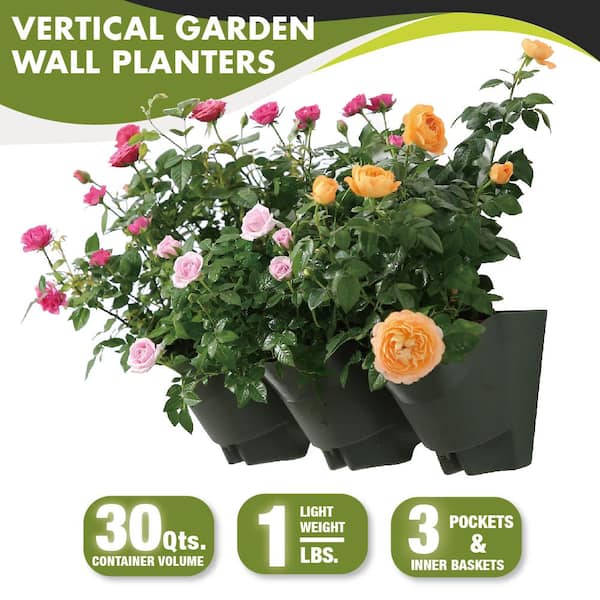 Worth Garden 18 in. Self-Watering 3 Pockets Vertical Wall Garden Plastic Planters