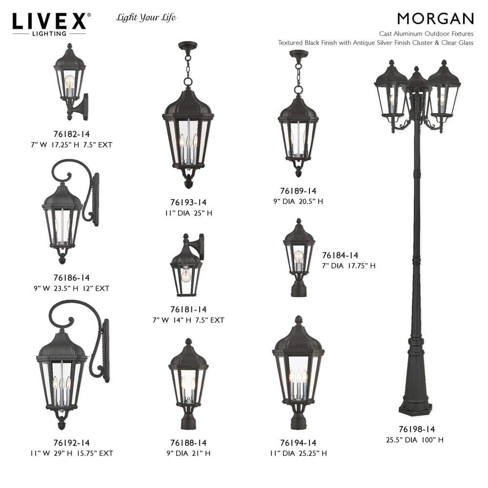 Morgan Textured Black 3-Light Outdoor Wall Lantern with Clear Glass