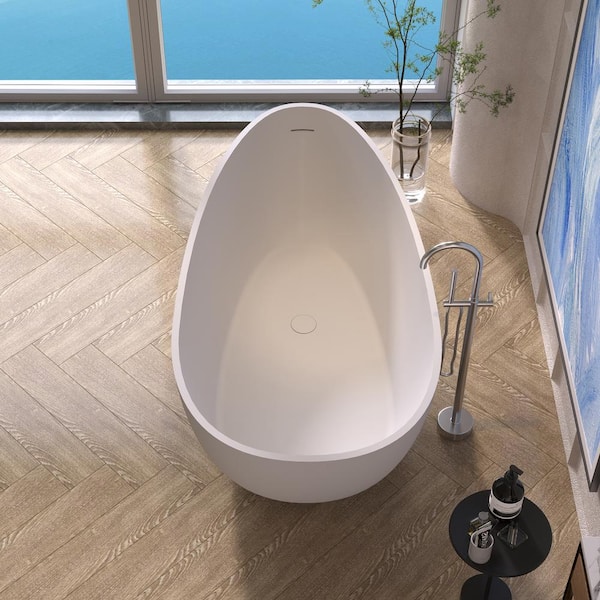 Foyil 59 in. x 31 in. Solid Surface Stone Resin Flatbottom Freestanding Bathtub Soaking Bathtub in Matte White
