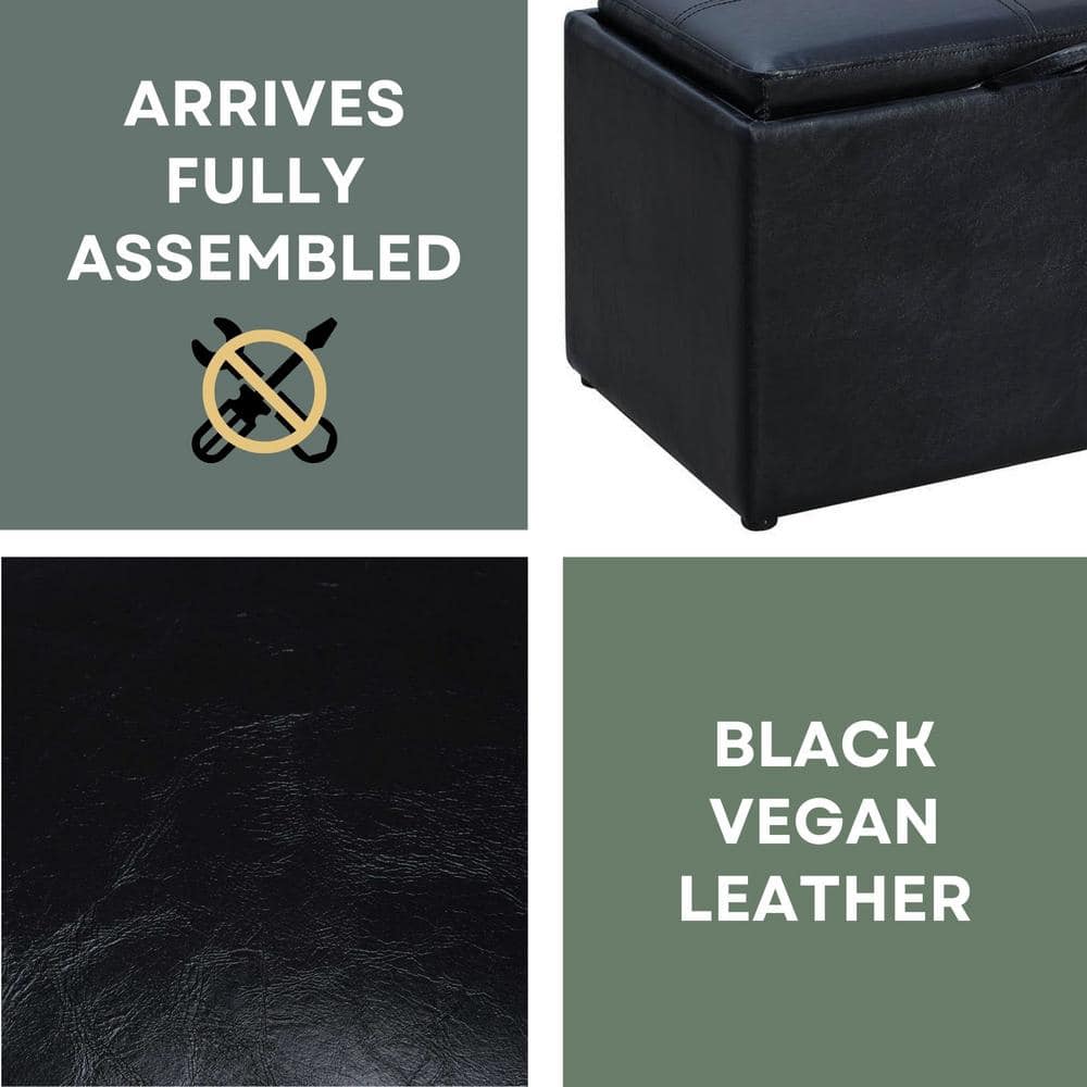Versatile Black Faux Leather Storage Ottoman with Serving Tray