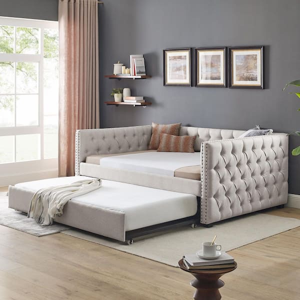 Timsa Beige Full Size Modern Upholstered Daybed with Trundle, Button Tufting, Nailhead Trim
