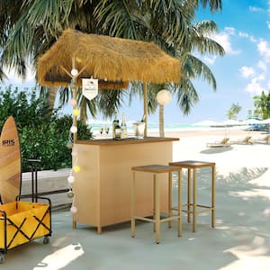 3-Piece Hawaiian-Style Wicker Outdoor Serving Bar Set with PE Grass Canopy and Stools