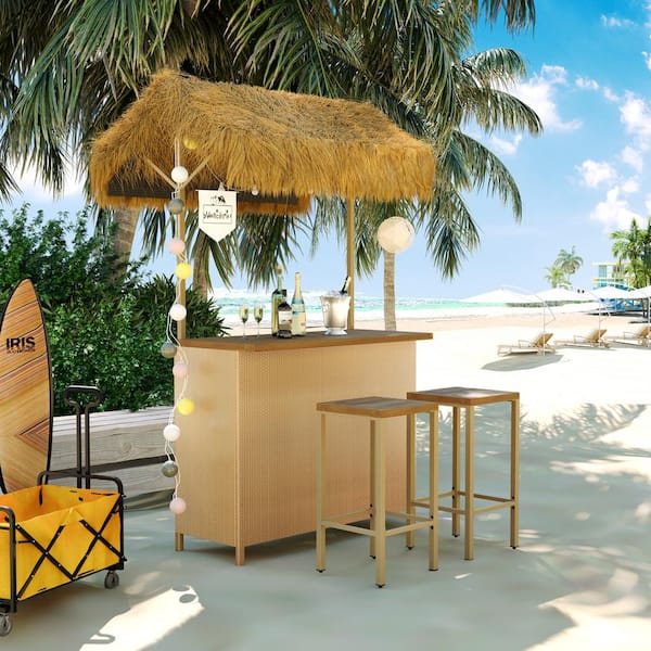 Unbranded 3-Piece Hawaiian-Style Wicker Outdoor Serving Bar Set with PE Grass Canopy and Stools