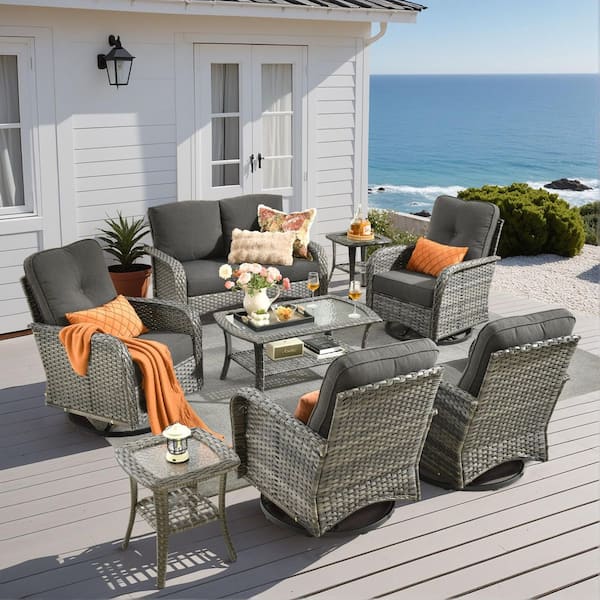 Caodoc Noah Gray 8-Piece Wicker Swivel Outdoor Patio Lounge Conversation Sofa Set with Coffee Table and Black Cushions