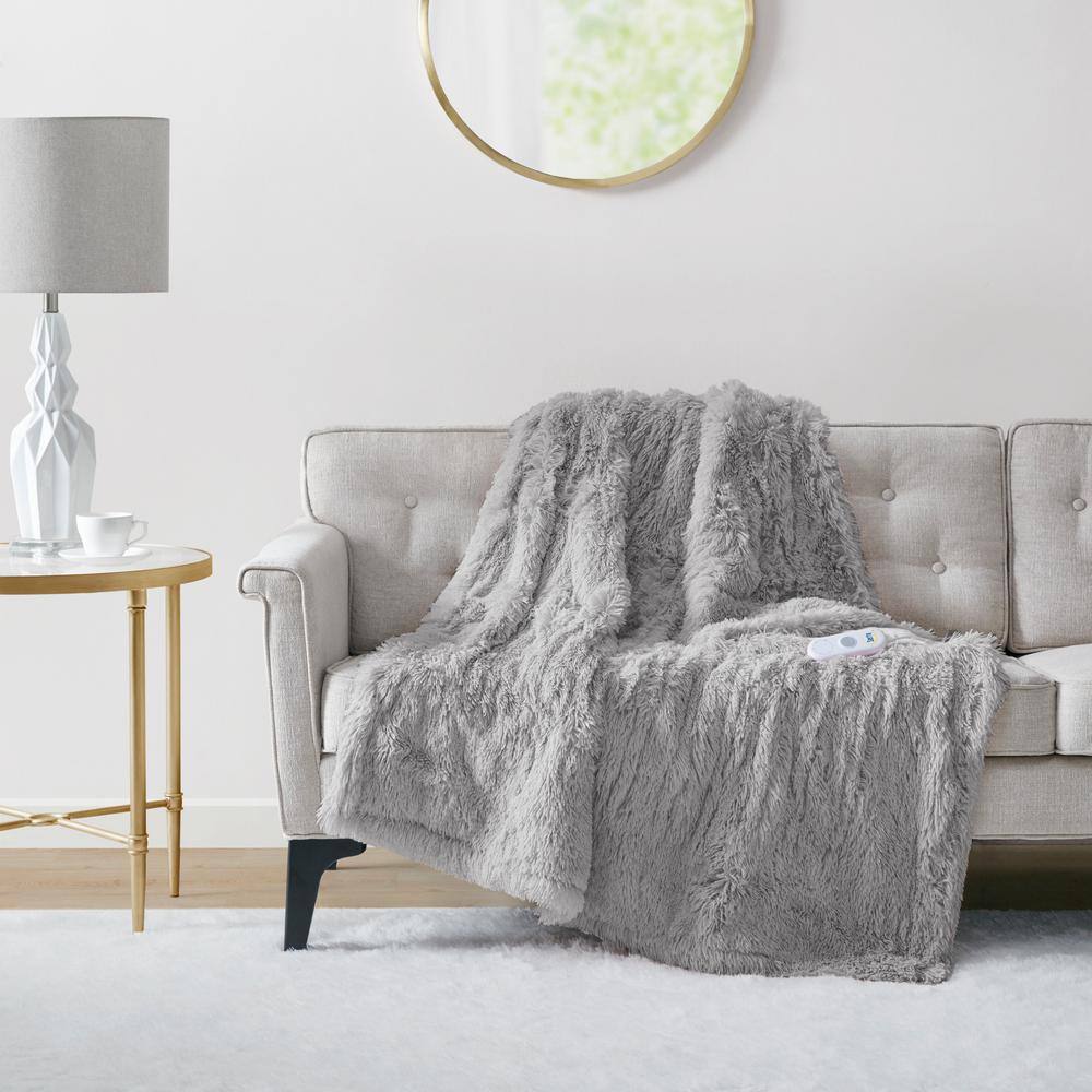 Leena Gray Faux Fur Electric Heated Throw Blanket 50x60 inches
