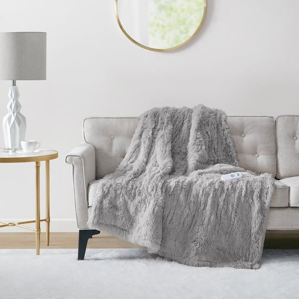 Serta Leena Heated Grey Faux Fur Electric Throw Blanket