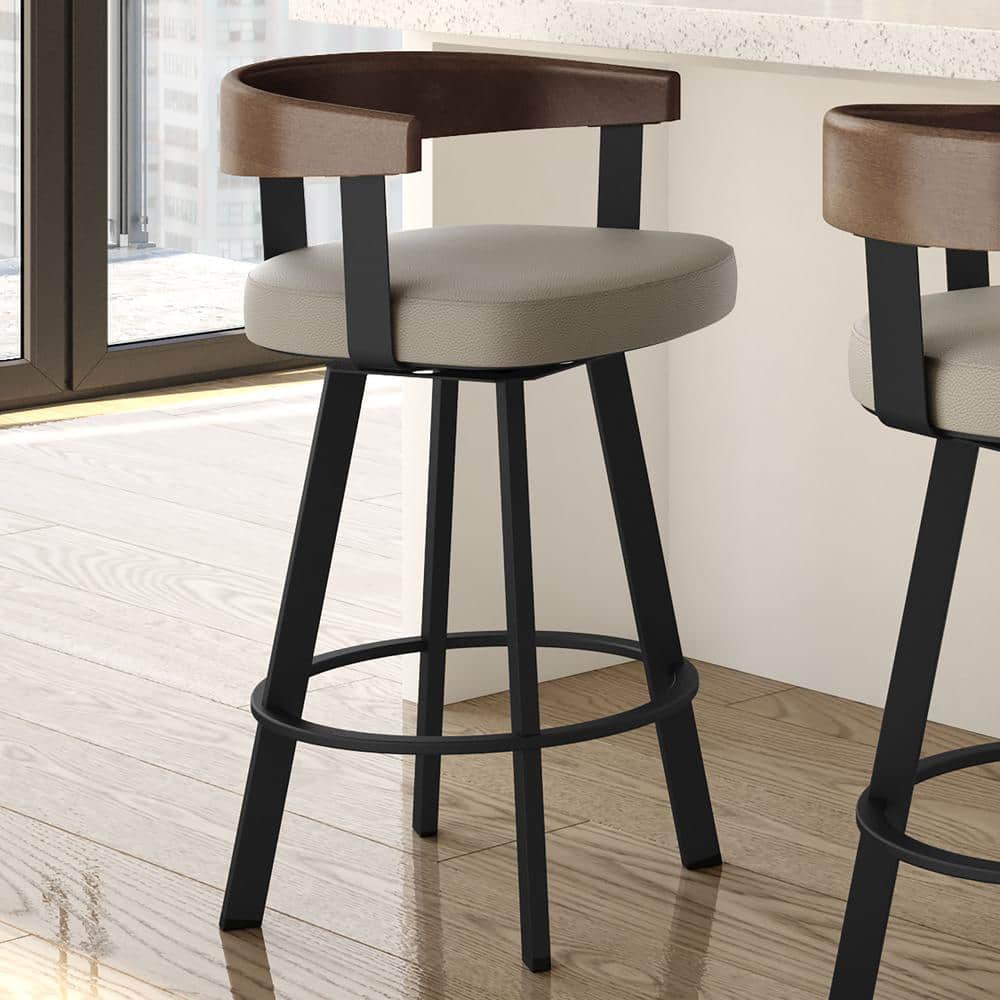 Greige Faux Leather Swivel Barstool with Black Metal and Brown Wood